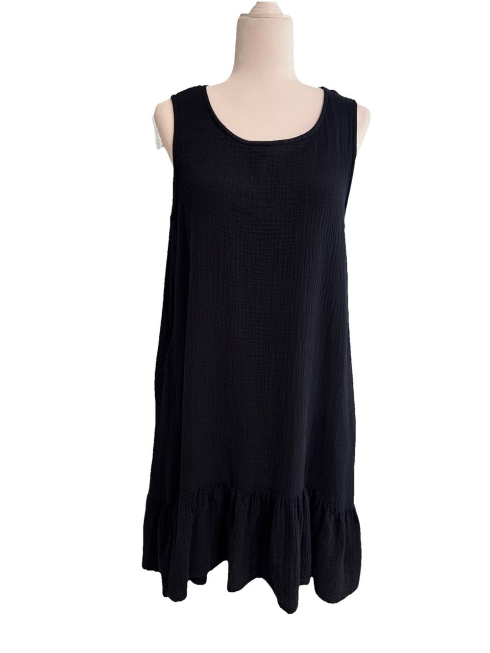 bryn WALKER Angelina Tank Dress Womens S Black Waffle Brush Cotton Scoop Hi-Lo